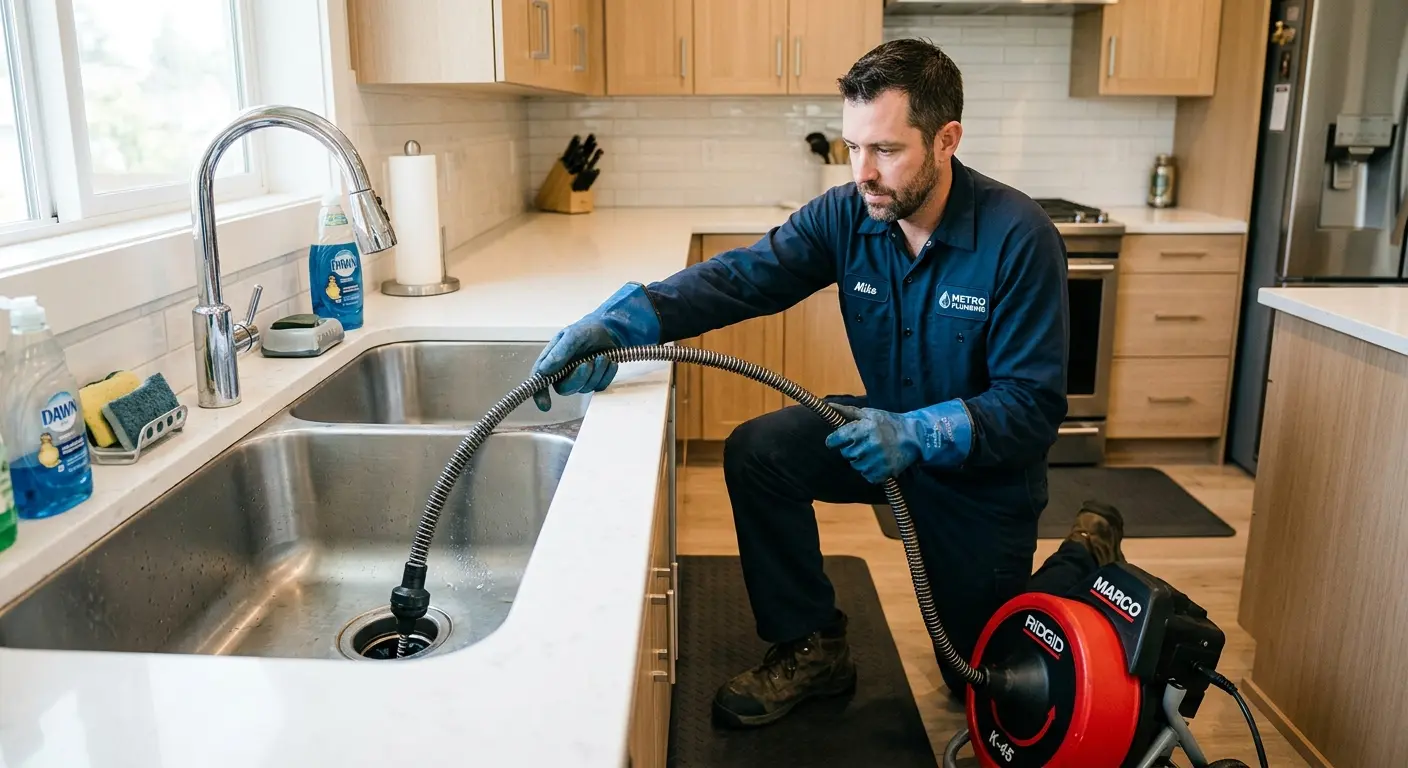 Drain cleaning technician using a motorized snake on a kitchen sink in Marianna