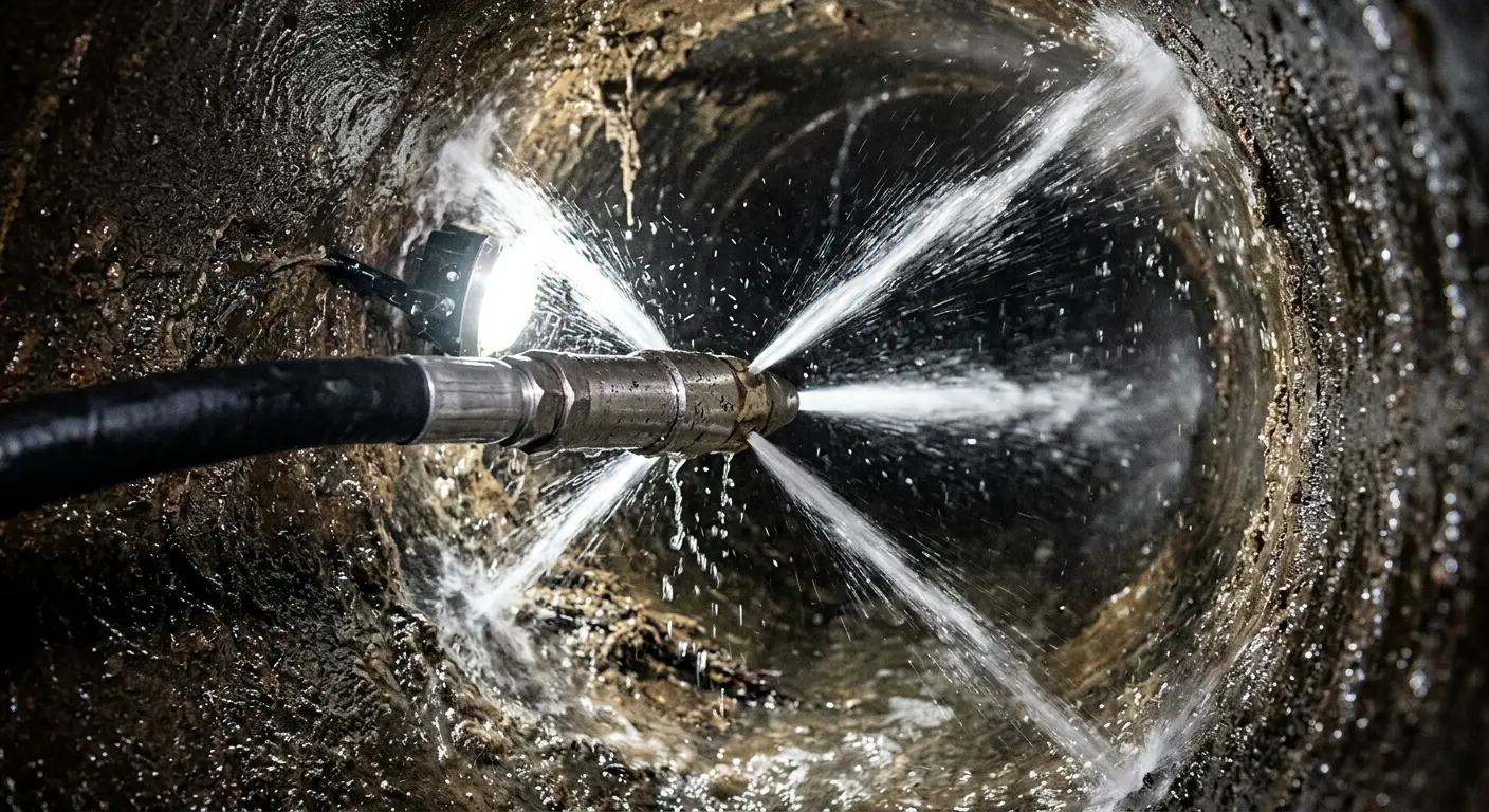 High-pressure hydro jetting nozzle cleaning sewer pipe for Sewer Cleanout in Marianna