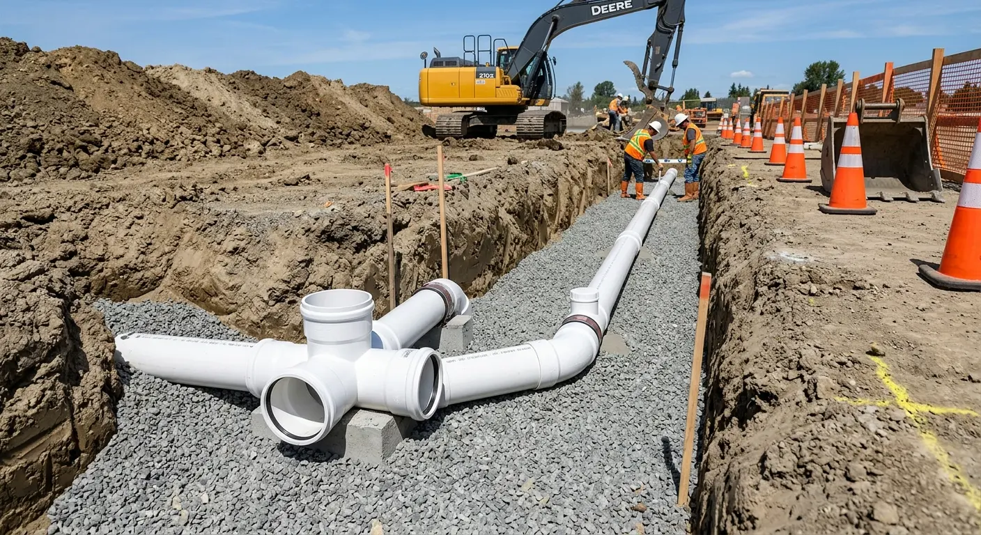 New PVC sewer pipe installation in open trench for Commercial Drain Cleaning in Marianna