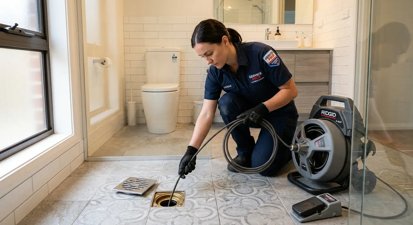 Technician clearing a bathroom floor drain for Sewer Line Replacement in Marianna